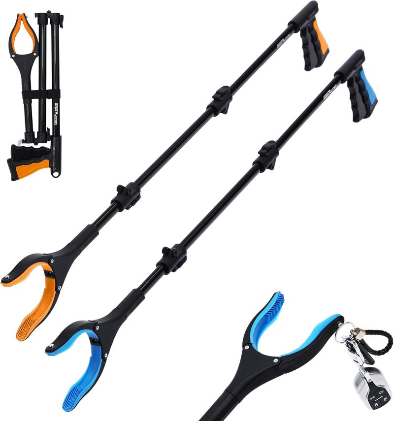 GrabRunner 38" Extra Long Grabber Reacher Tool – 2 Pack Extra Long Foldable Reacher Grabber Pickup Tools with 360° Rotating Jaw - Heavy Duty Pick Up Grabbers for Seniors, Trash, Surgery Recovery (Orange Blue) - Image 1